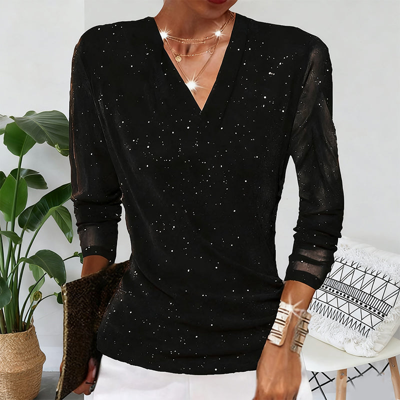 Liliana – Glamourøs Mesh-Bluse med Glitrende Detaljer