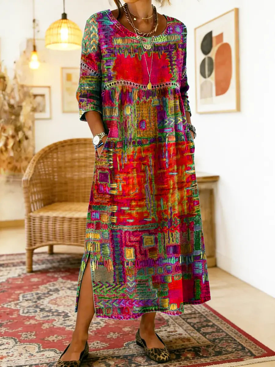Manuela-kjole med etnisk patchwork-mønster