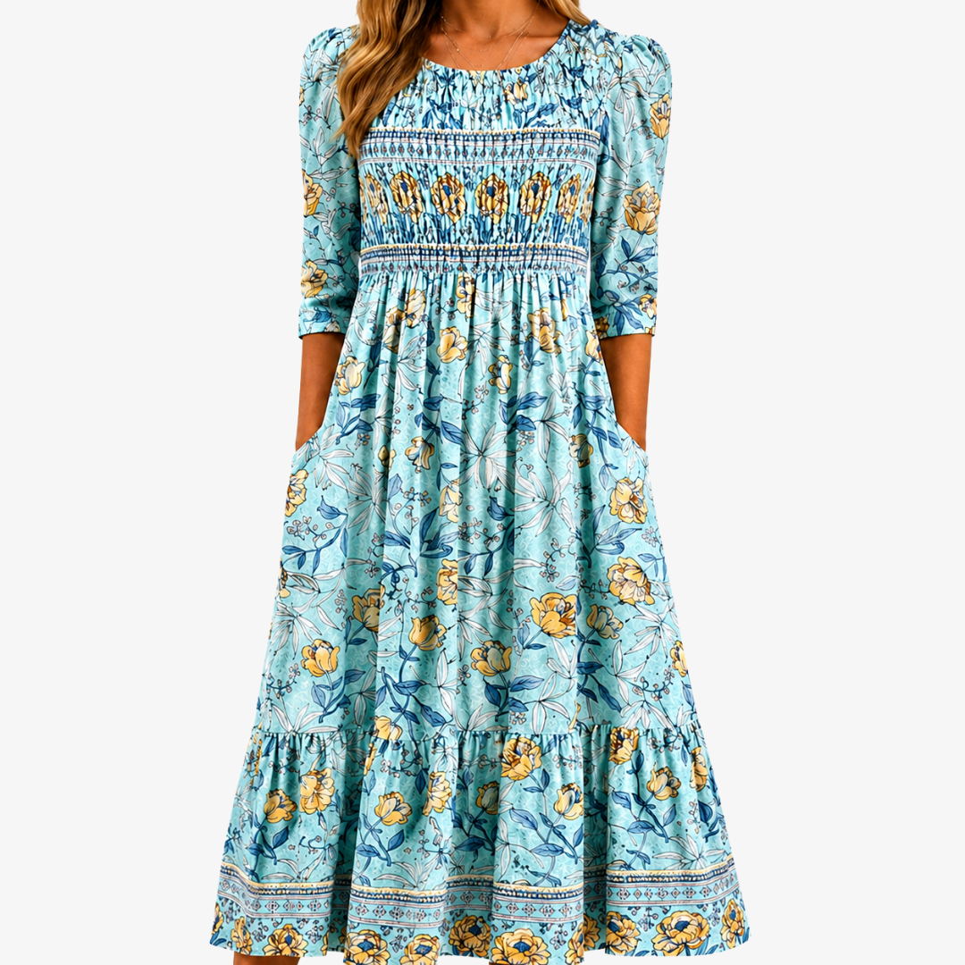 Midi-kjole med smock, Golden Bloom Jardin