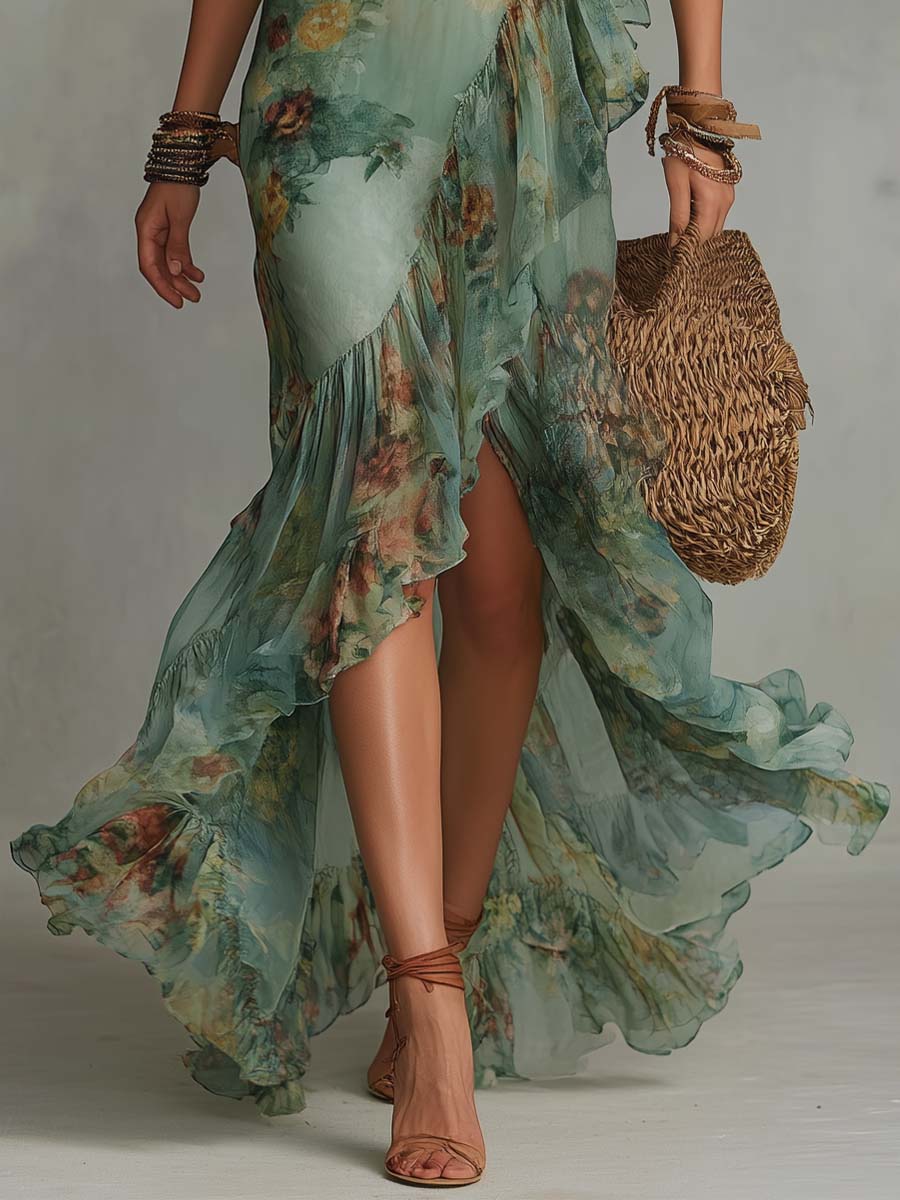 Aurora - lang boho-blomstret kjole med romantisk, asymmetrisk fald