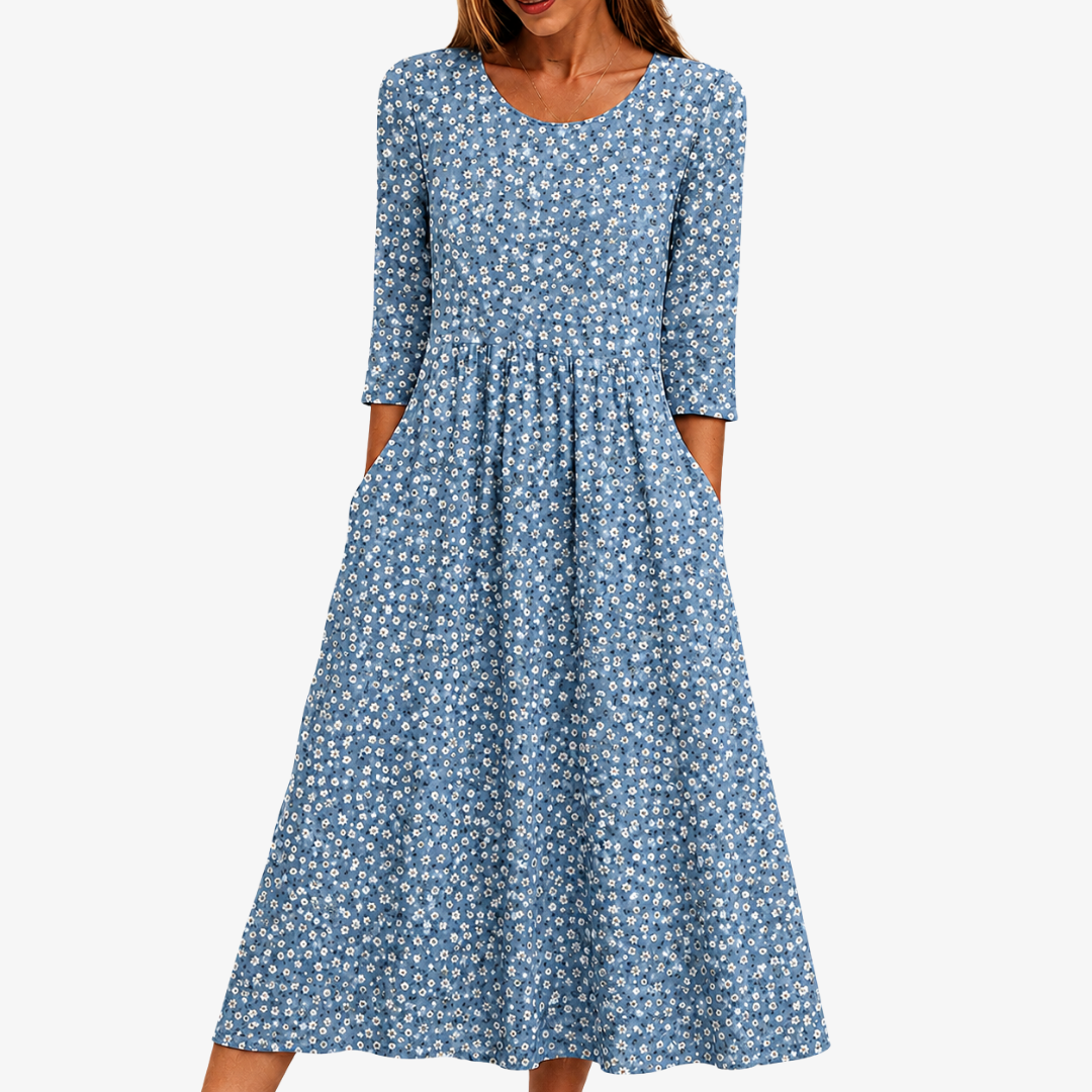 Blomstret midi-kjole fra Blue Meadow – nem at have på