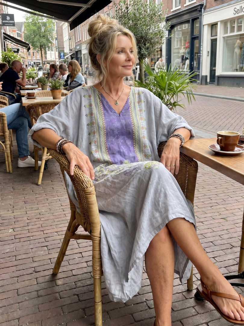 Raina | Midi-kjole med kontrastpaneler og broderet, oversized lomme