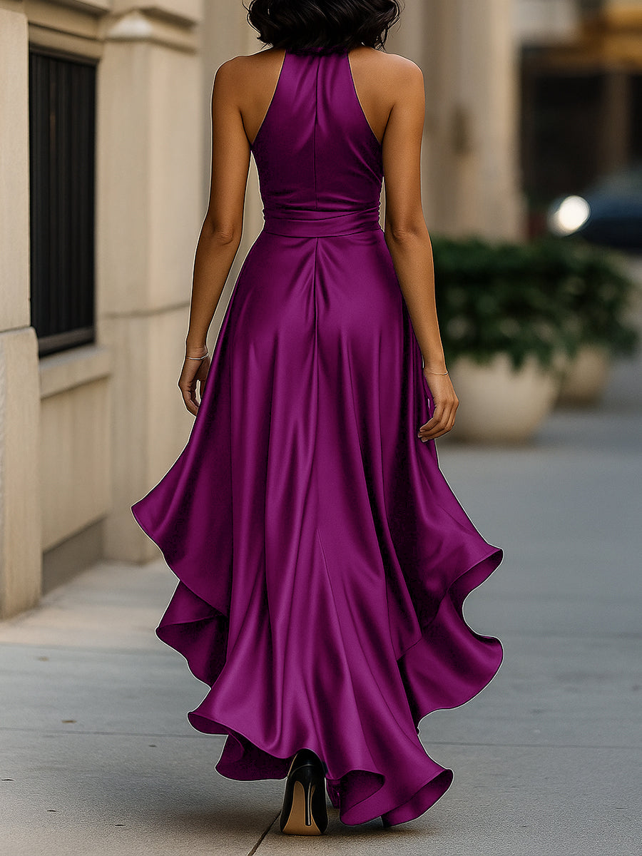 Midnight Elegance halterneck-kjole i satin med flæser