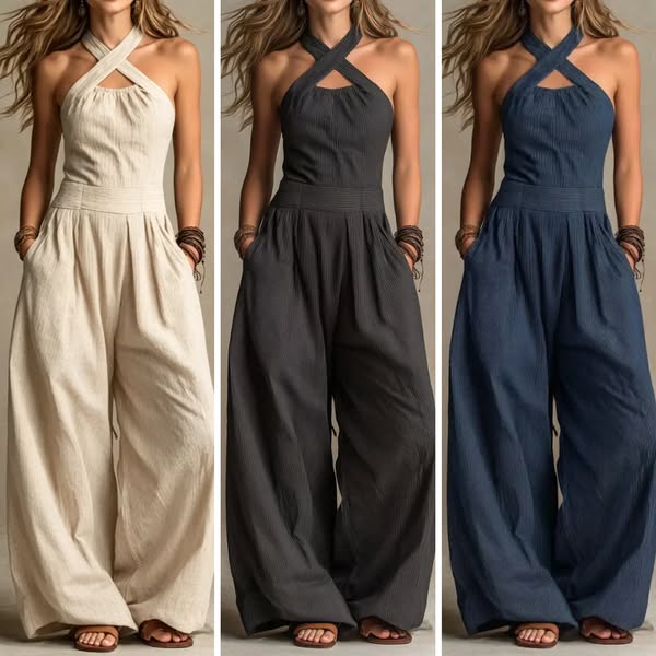 Bianca | Jumpsuit i hør og bomuld med elegant krydsudskæring