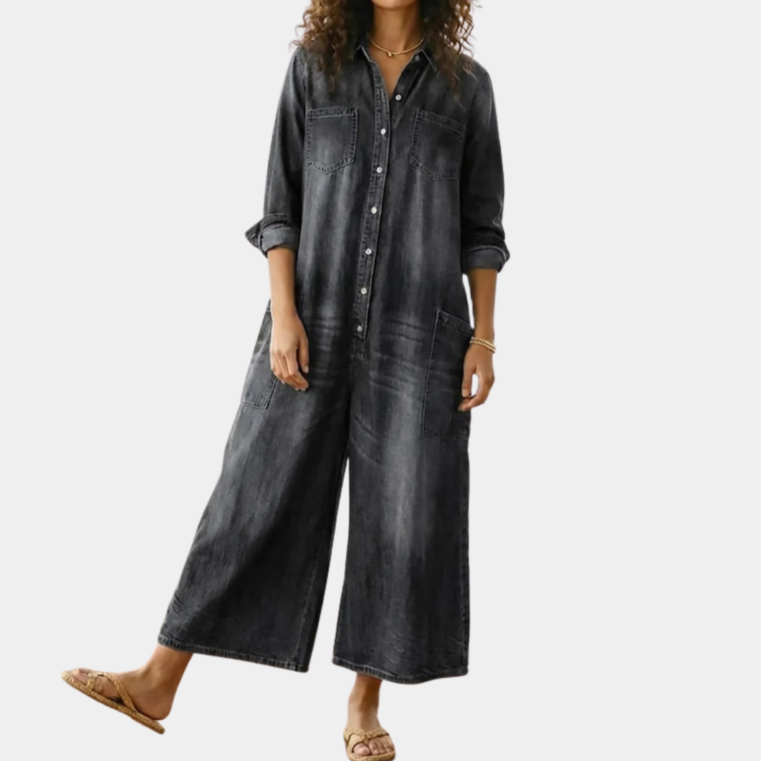 Diana | Vintage Washed Soft Cotton Denim Jumpsuit med knaplukning