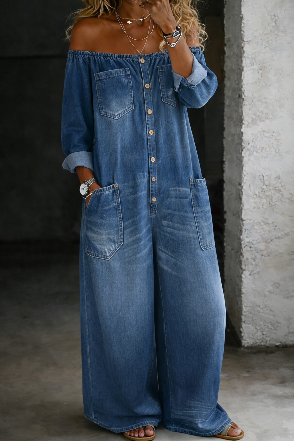 Elena | Off-the-shoulder langærmet jumpsuit