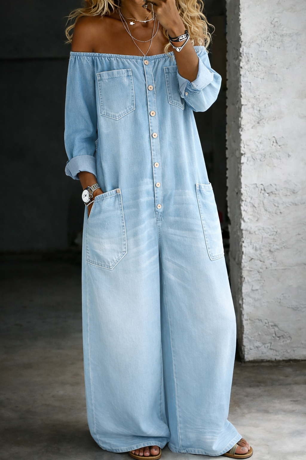 Elena | Off-the-shoulder langærmet jumpsuit