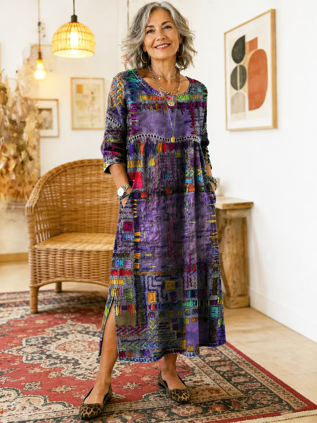 Manuela-kjole med etnisk patchwork-mønster