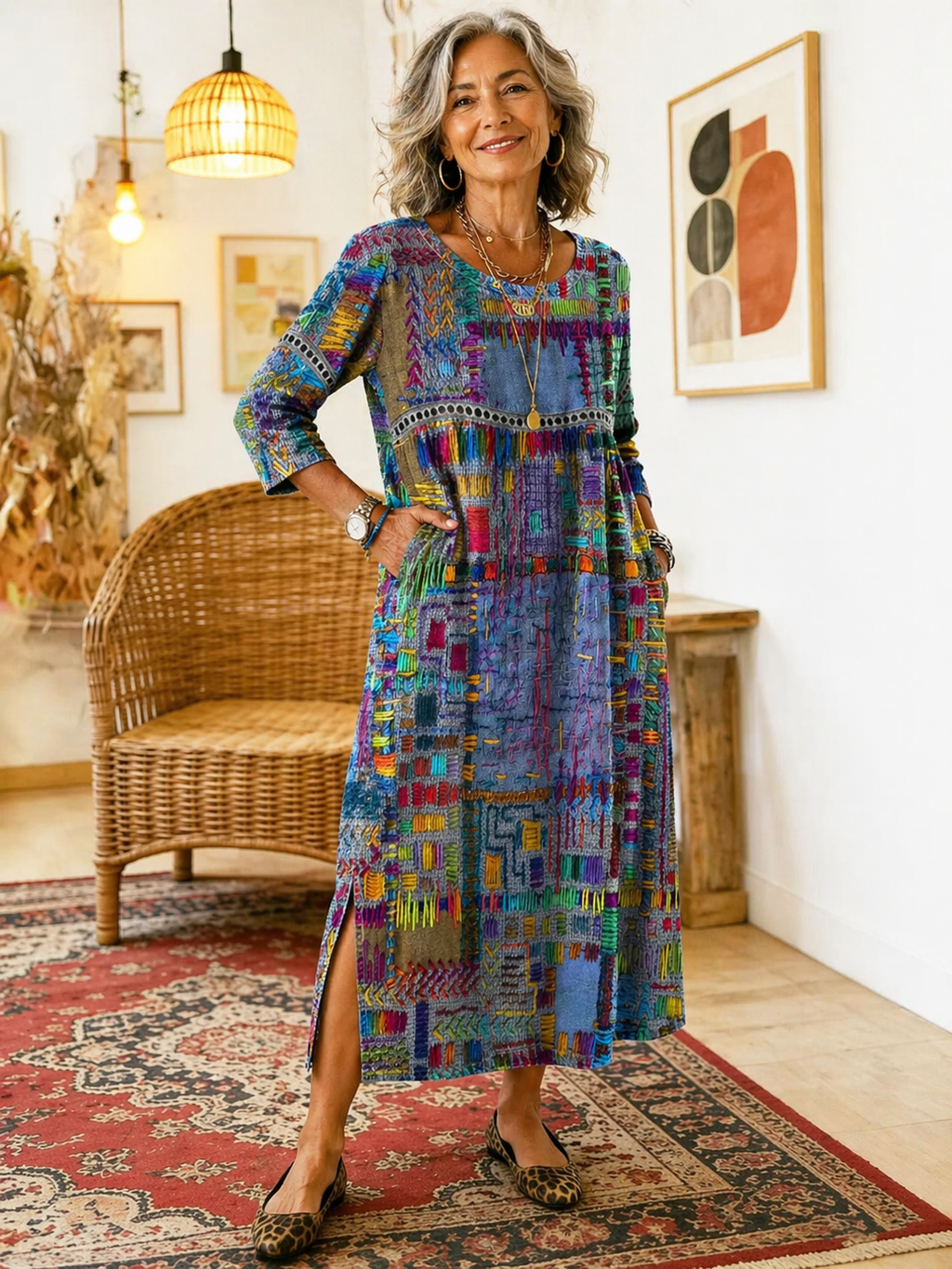 Manuela-kjole med etnisk patchwork-mønster