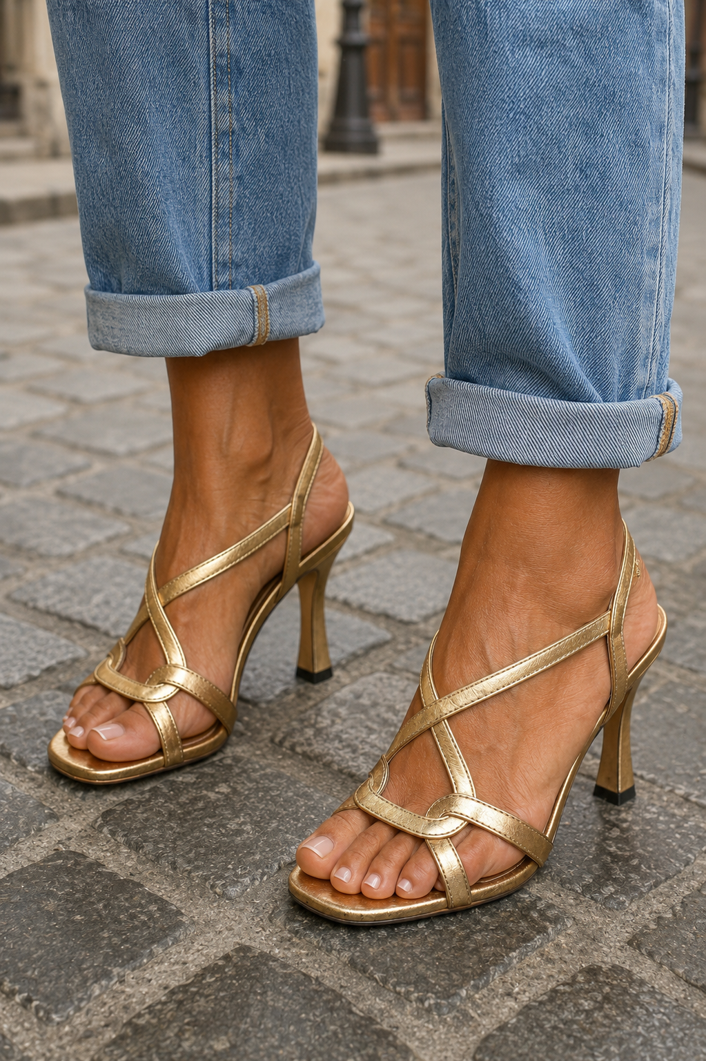 Guldfarvede sandaler med metallic-effekt og krydsede remme