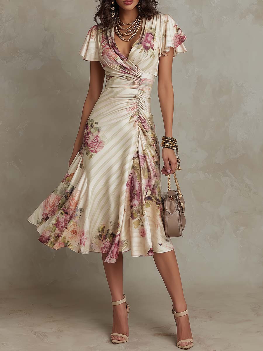 Alba™ | Elegant midikjole i retro-satin med blomstermønster