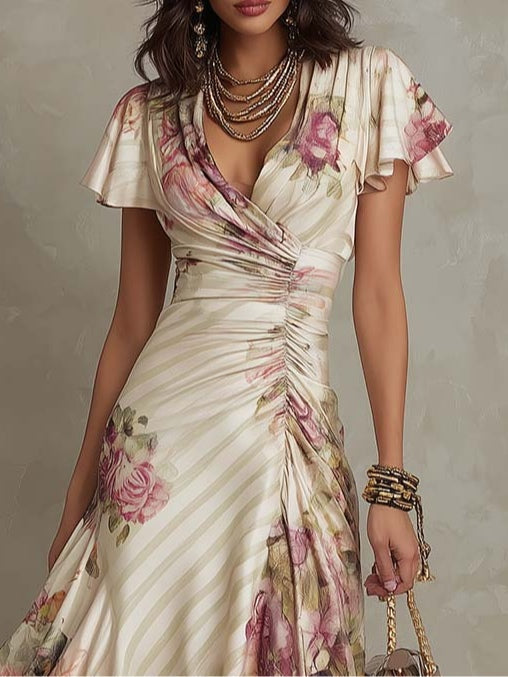 Alba™ | Elegant midikjole i retro-satin med blomstermønster