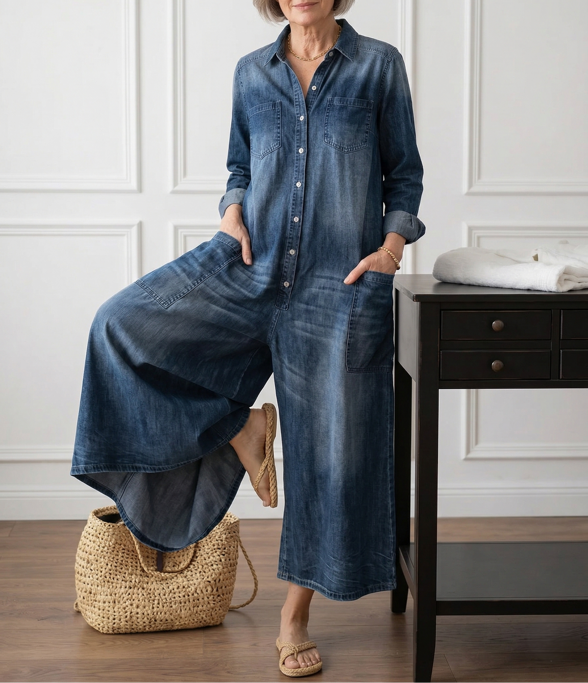 Diana | Vintage Washed Soft Cotton Denim Jumpsuit med knaplukning