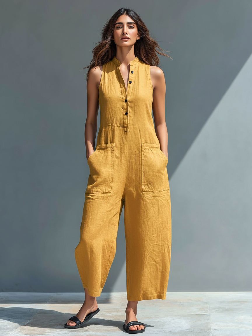 Minimalistiske ærmeløse dungarees i halvlinned til kvinder med stand-up-krave og knapper