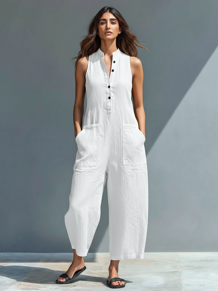 Minimalistiske ærmeløse dungarees i halvlinned til kvinder med stand-up-krave og knapper