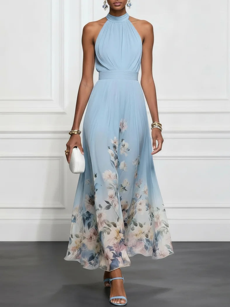 Rosalyn | Blå blomstret chiffon-maxikjole