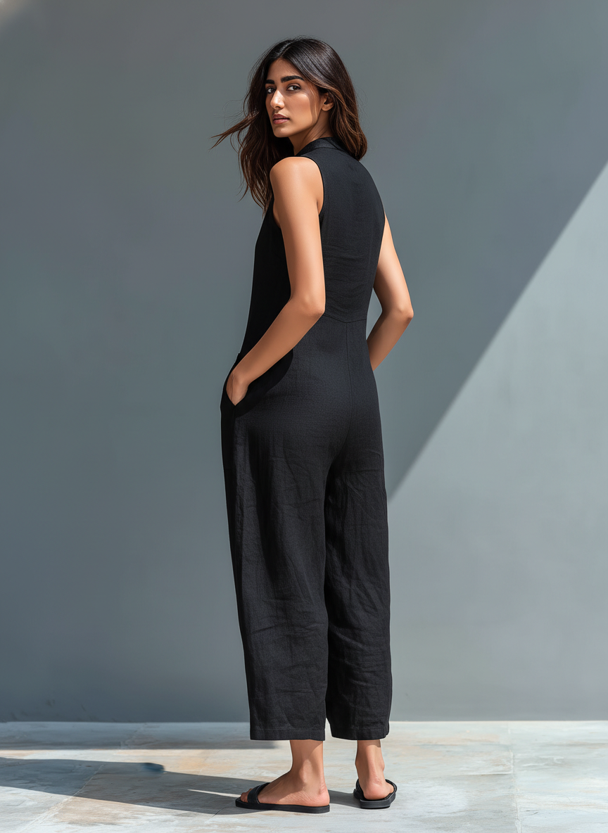 Minimalistiske ærmeløse dungarees i halvlinned til kvinder med stand-up-krave og knapper