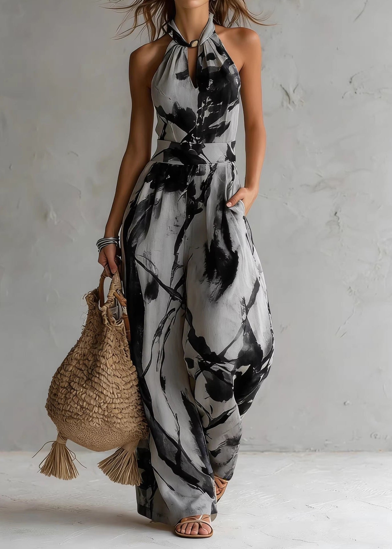 Hanabi | Jumpsuit med ink-wash-print og vide ben