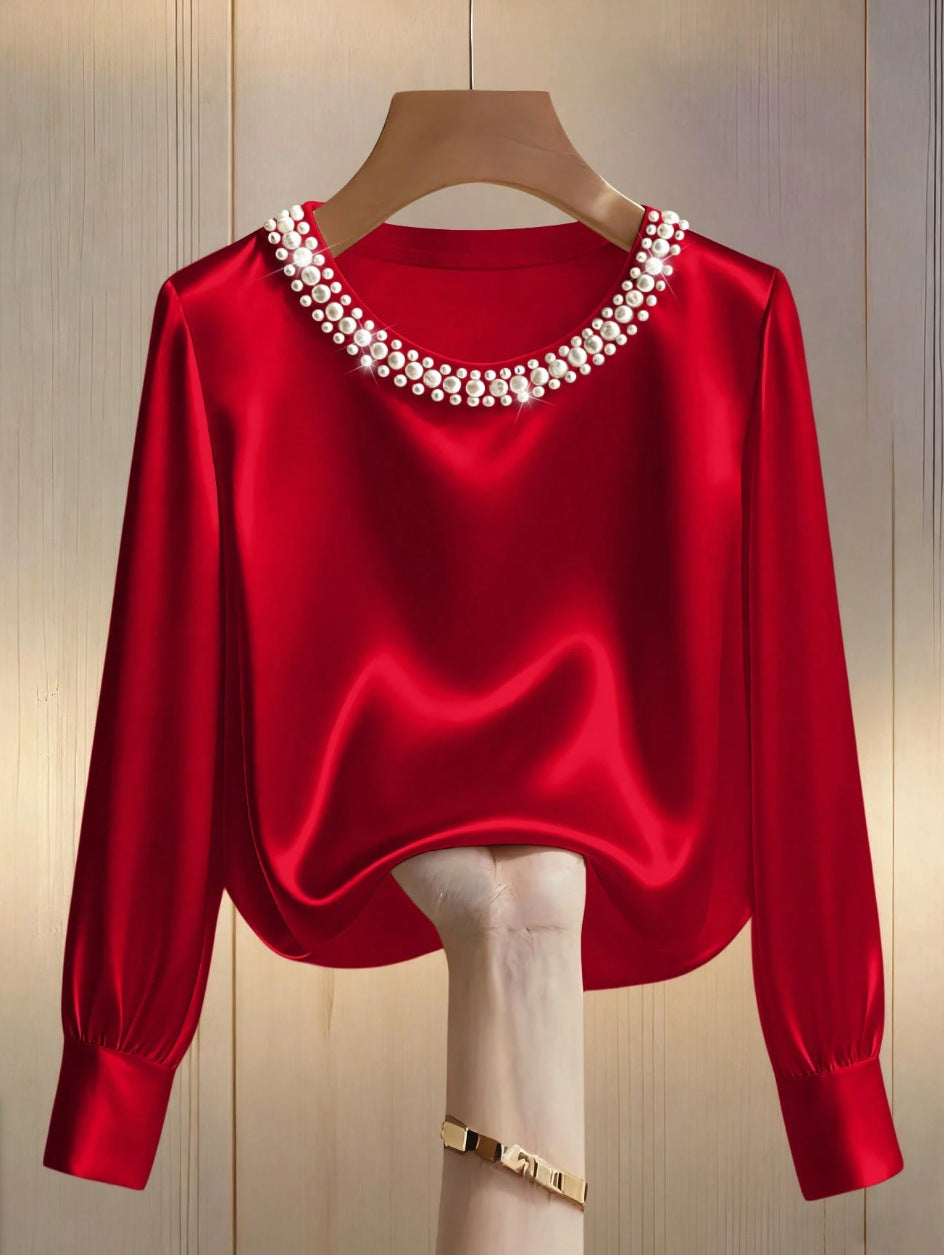 Aveline | Satinbluse med perlekant