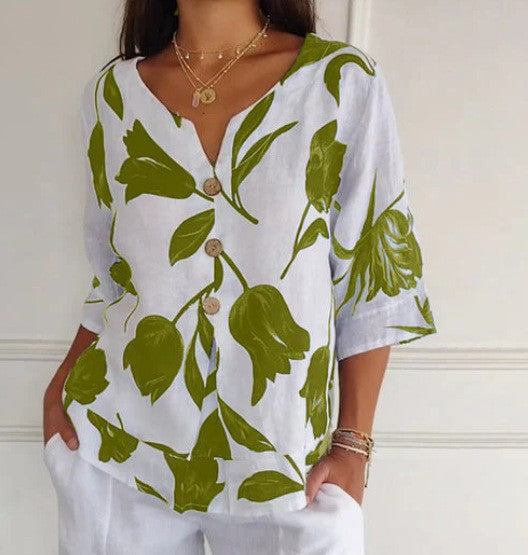 Despoina – Elegant Blomstret Top med Knapper