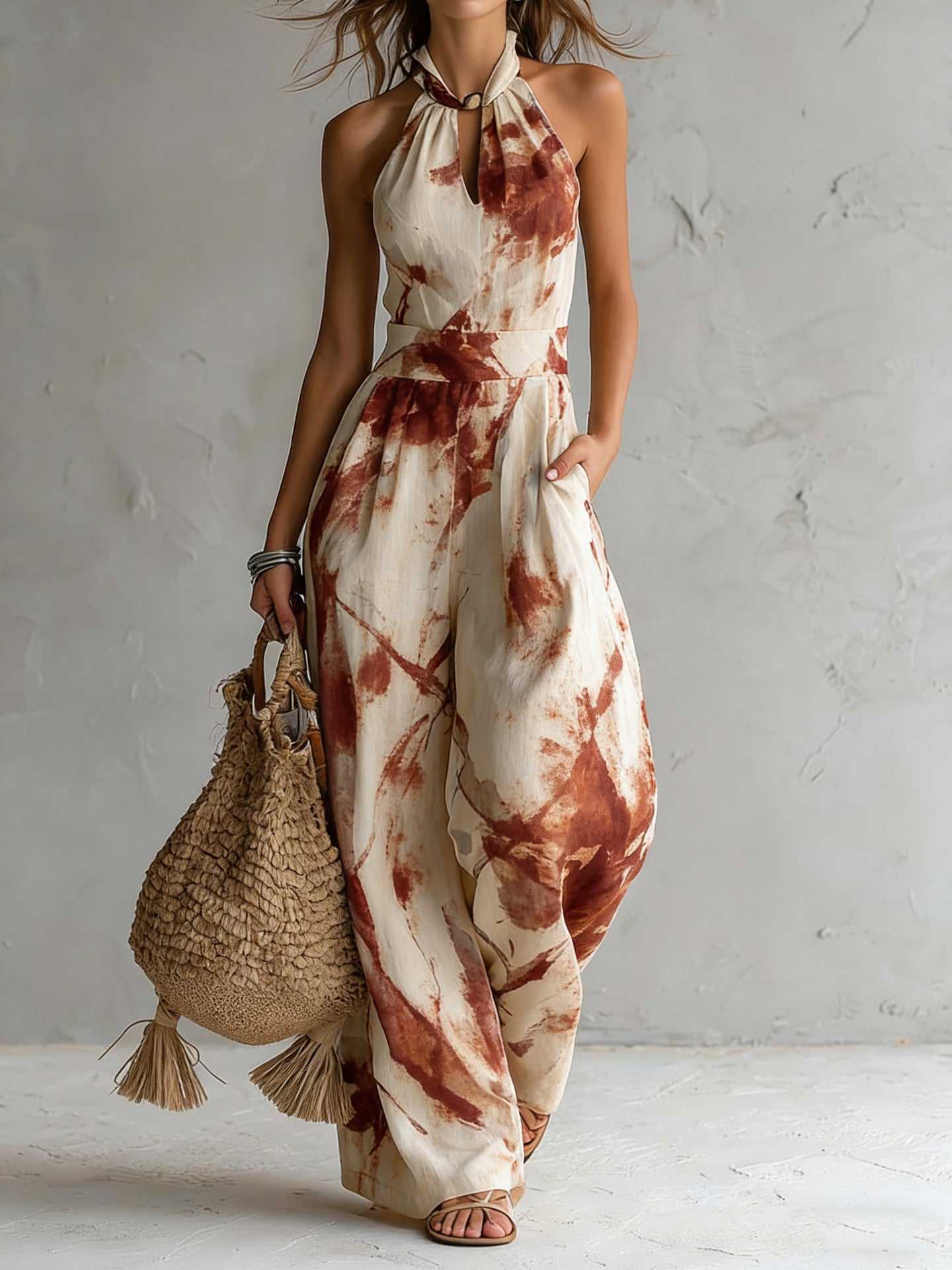 Hanabi | Jumpsuit med ink-wash-print og vide ben