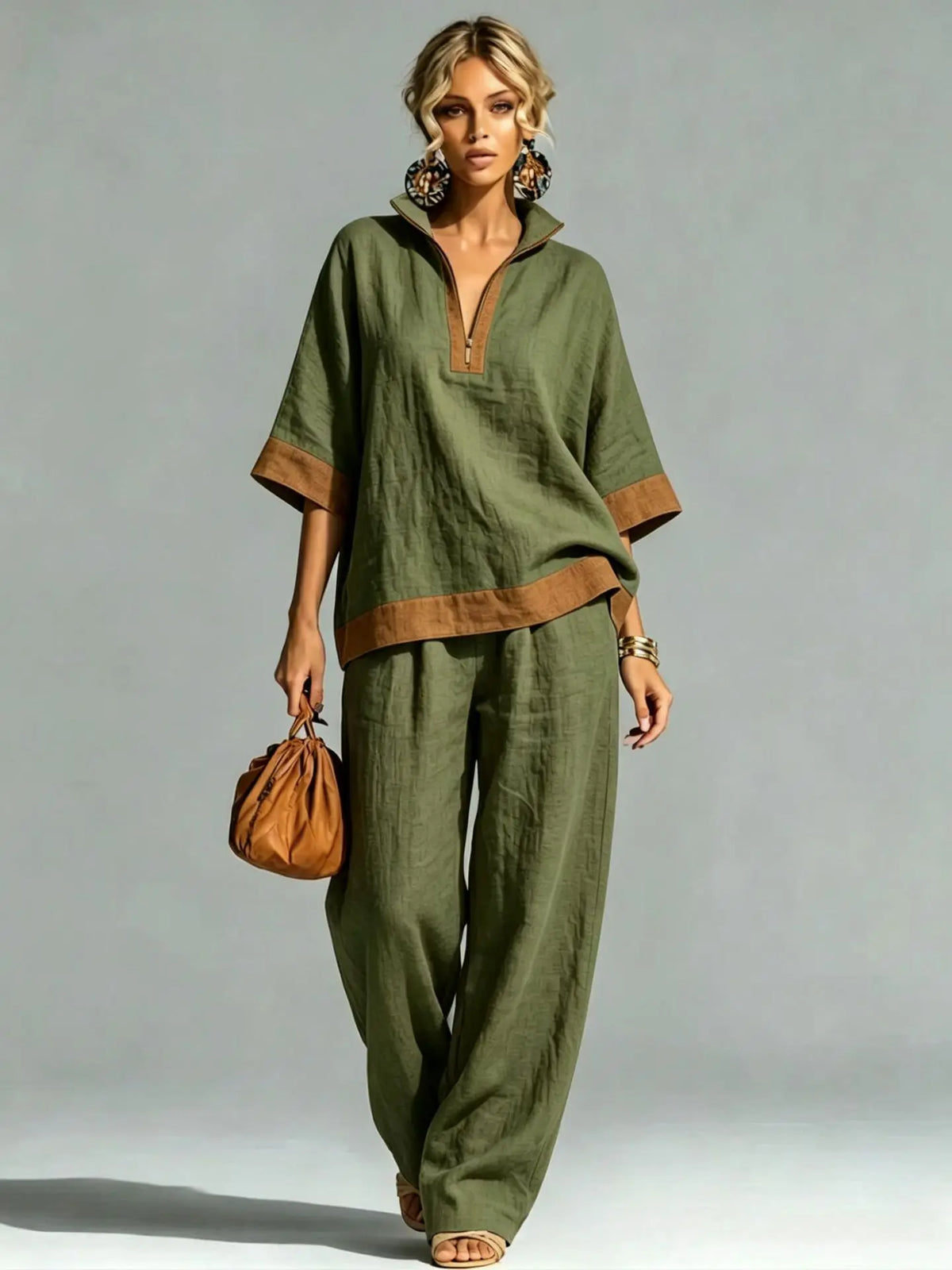 Vintage-inspireret sæt i linnedlook til kvinder