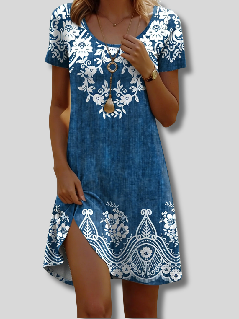Galilea™ | Sommerkjole til kvinder med blomsterprint, rund hals, korte ærmer, fit & flare-snit og A-silhuet