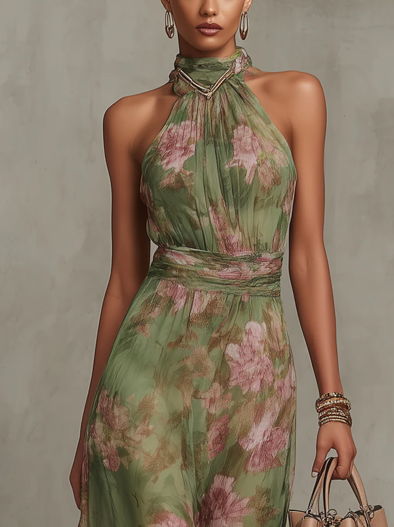 Firenze | Grøn maxikjole i blomstret chiffon med halterneck-udskæring