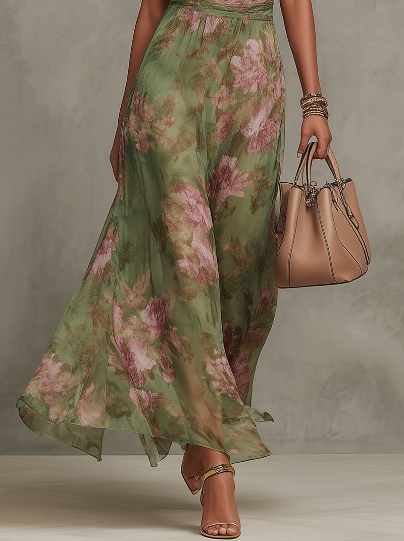 Firenze | Grøn maxikjole i blomstret chiffon med halterneck-udskæring