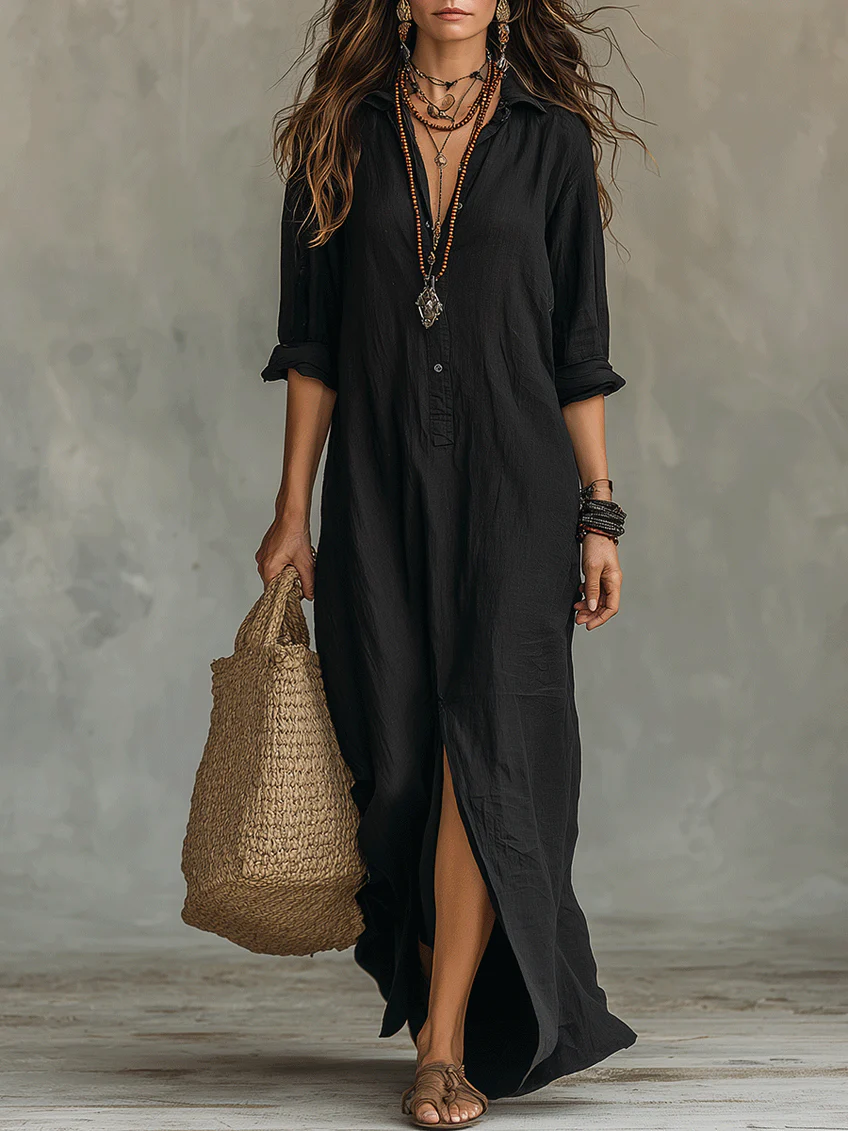Soline™ | Oversized sort maxikjole med knapper