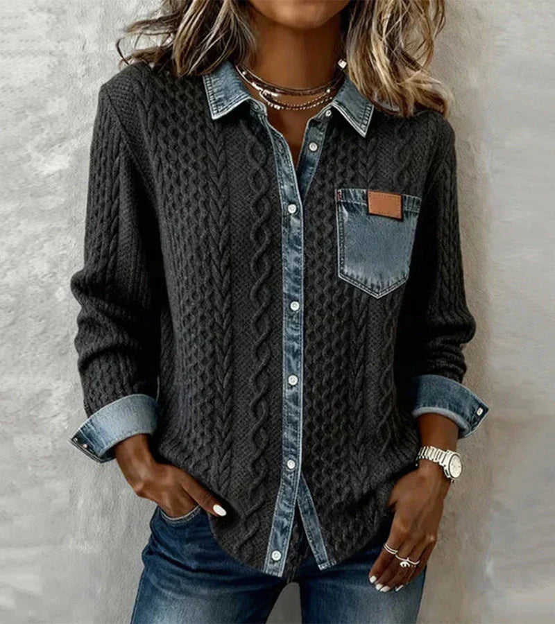 Ambra | Patchwork-Striktop med Denimdetaljer