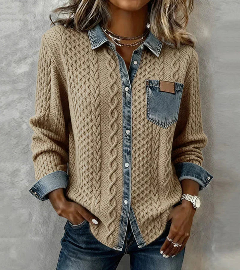 Ambra | Patchwork-Striktop med Denimdetaljer