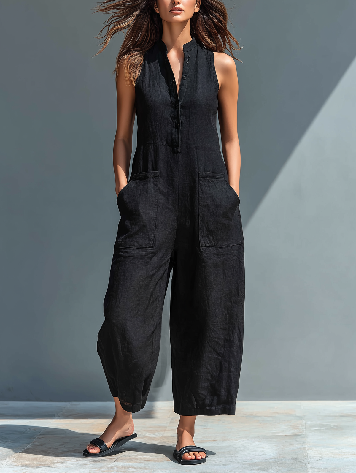 Minimalistiske ærmeløse dungarees i halvlinned til kvinder med stand-up-krave og knapper