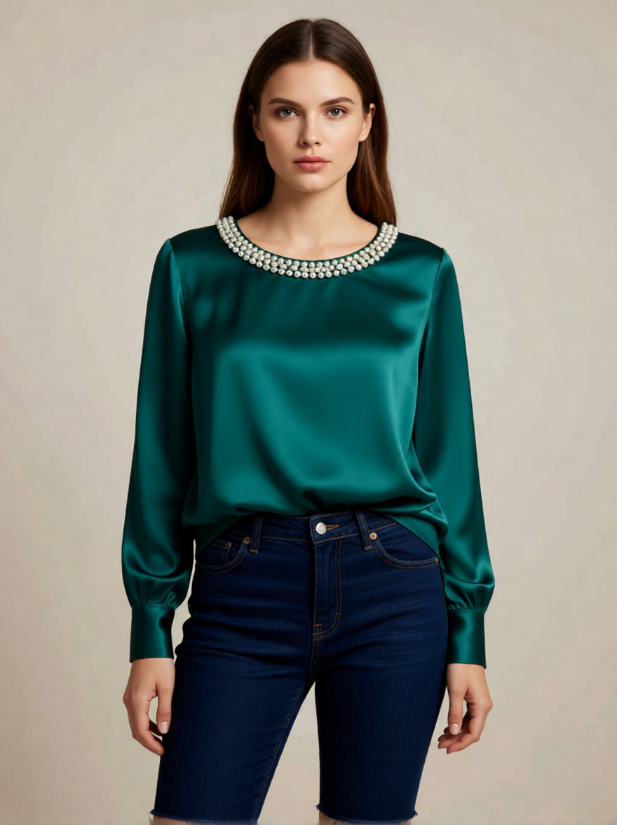 Aveline | Satinbluse med perlekant