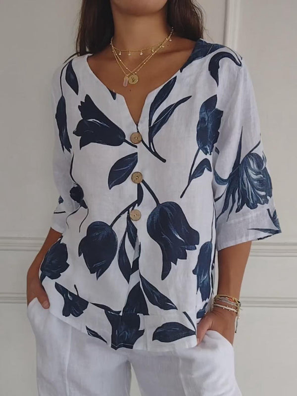 Despoina – Elegant Blomstret Top med Knapper