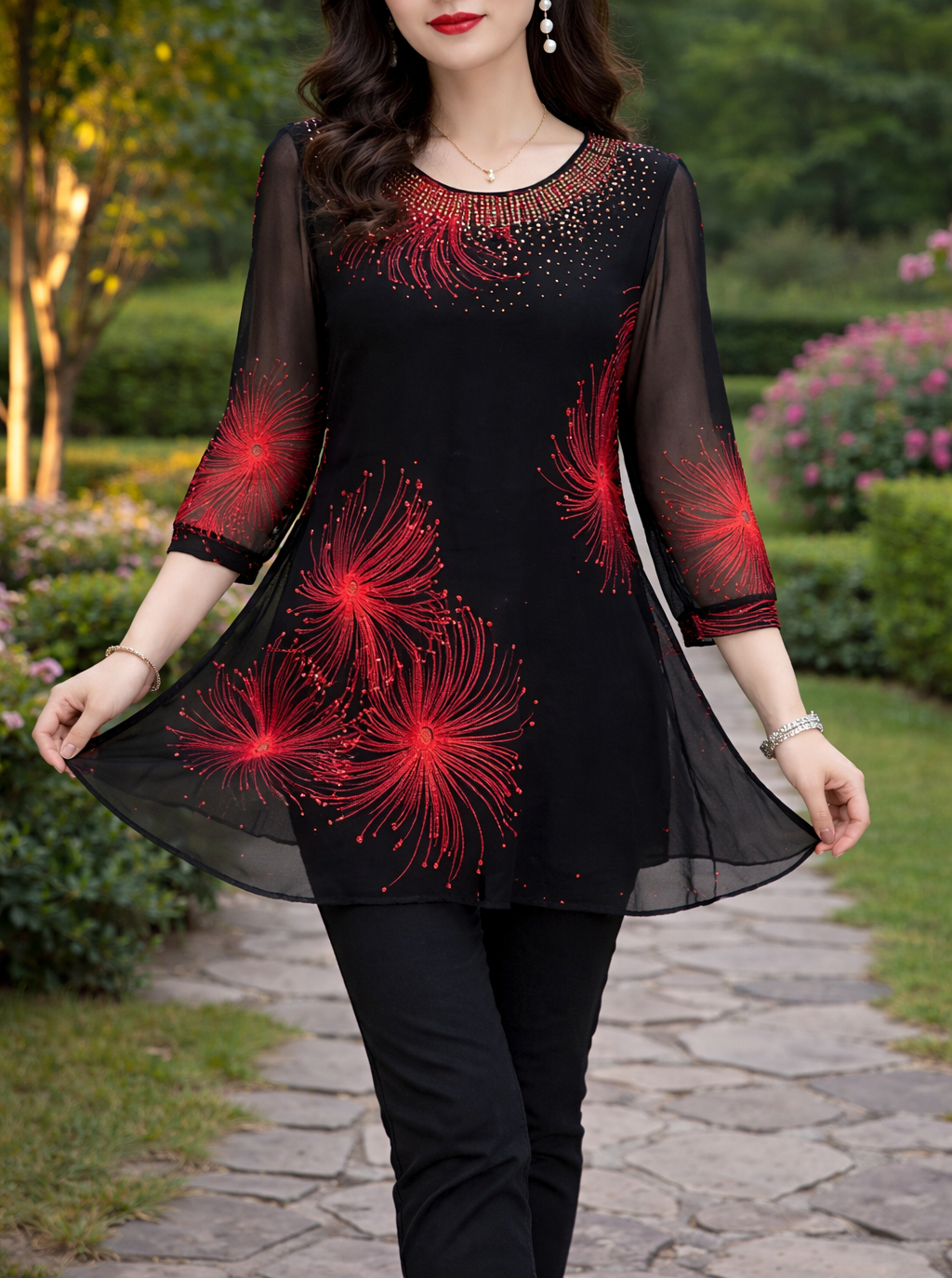 Zeraphine – Elegant Transparent Tunika med Fyrværkeri-Print