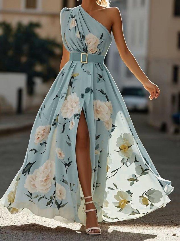 Julie | Grøn blomstret chiffon-maxikjole