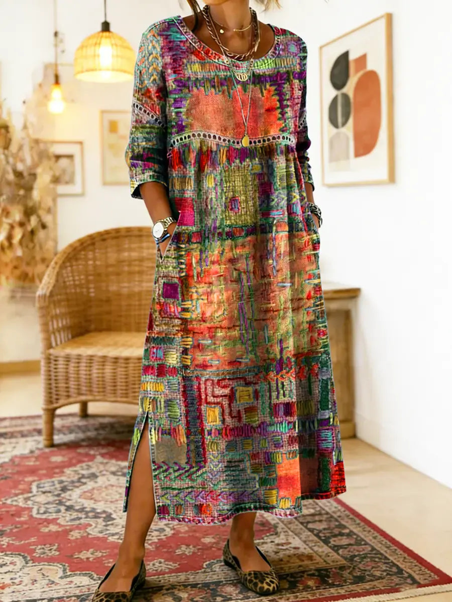 Manuela-kjole med etnisk patchwork-mønster