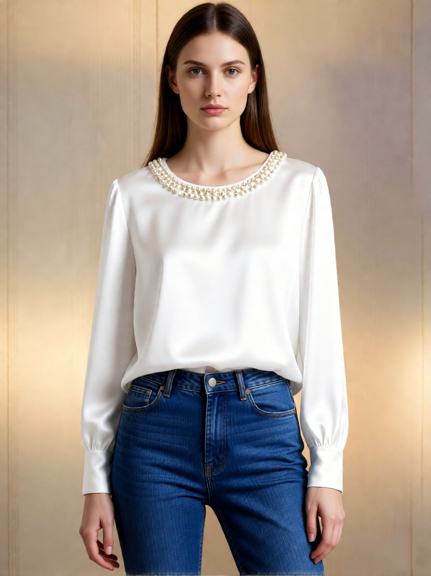 Aveline | Satinbluse med perlekant