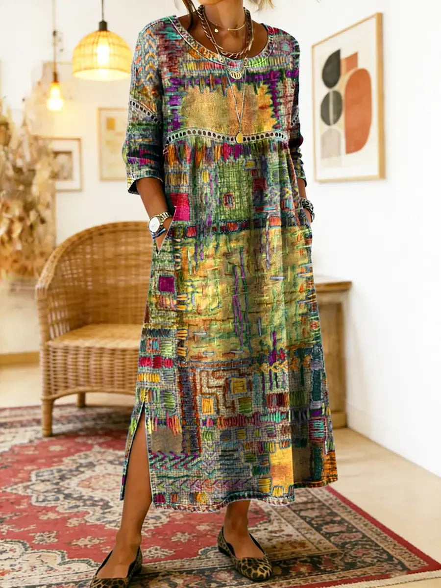 Manuela-kjole med etnisk patchwork-mønster