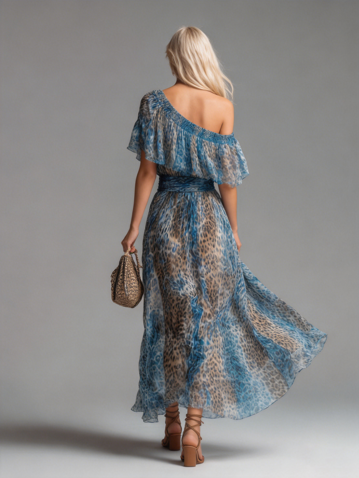 Selvaggia - Lang chiffonkjole med leopardprint og åbne skuldre