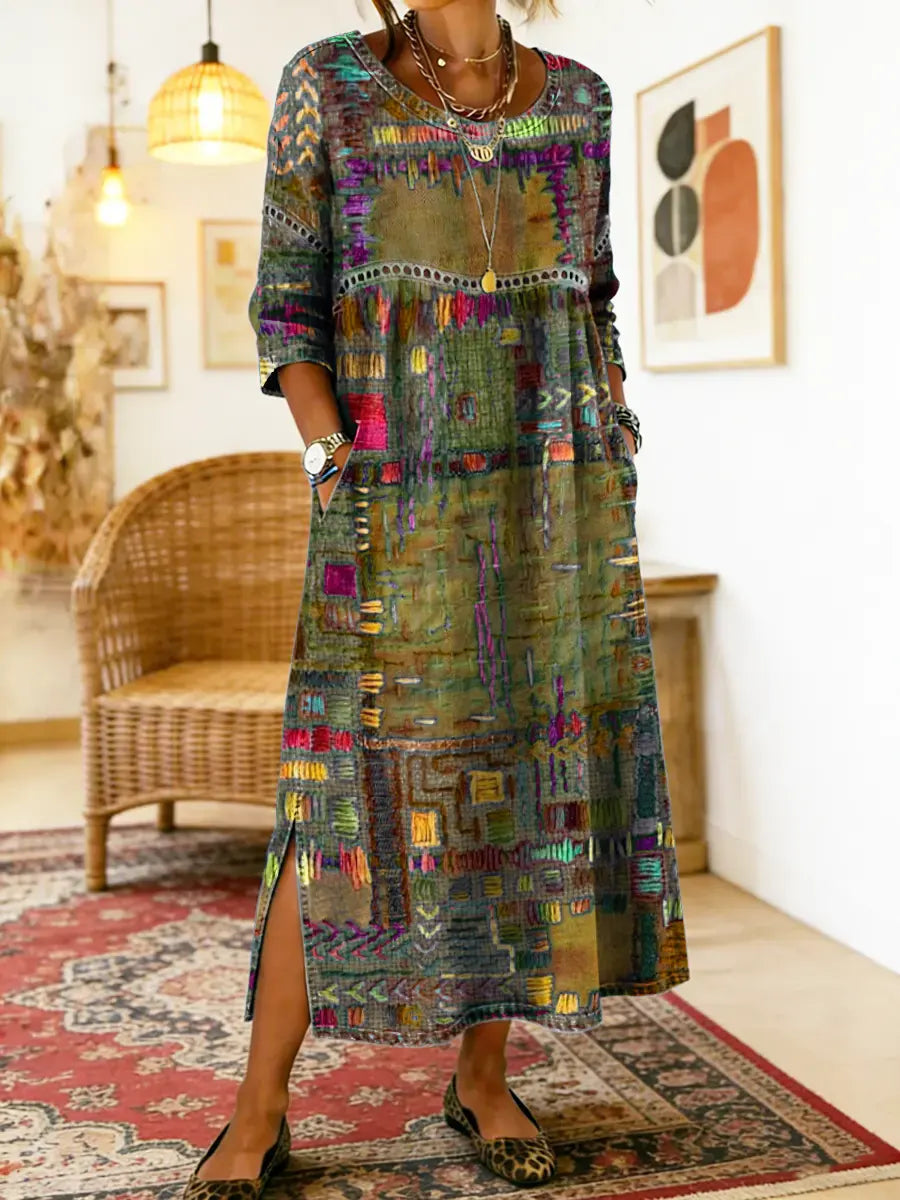 Manuela-kjole med etnisk patchwork-mønster