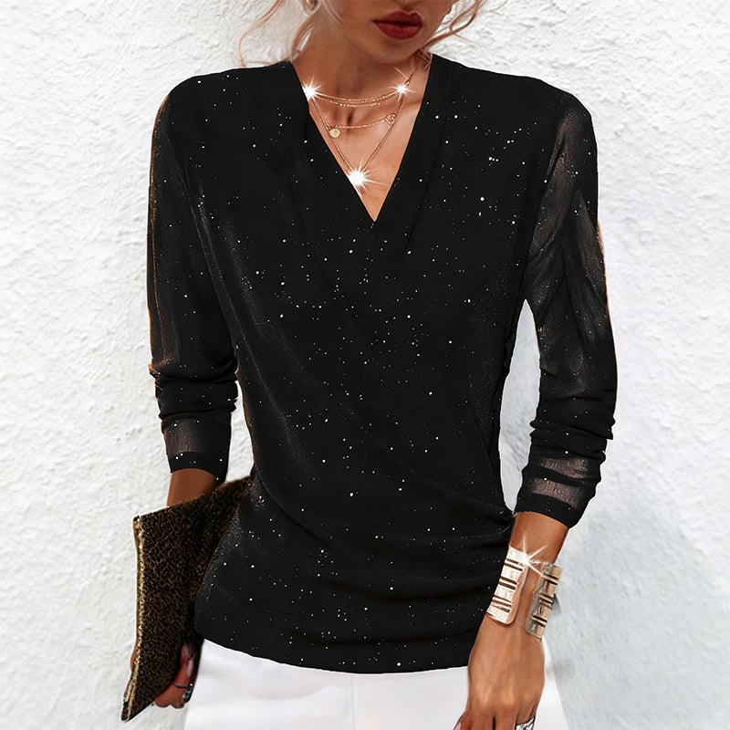 Liliana – Glamourøs Mesh-Bluse med Glitrende Detaljer