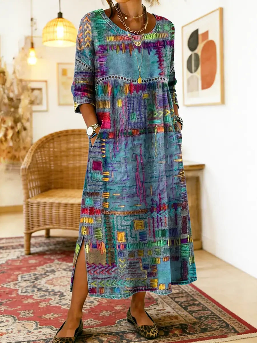 Manuela-kjole med etnisk patchwork-mønster