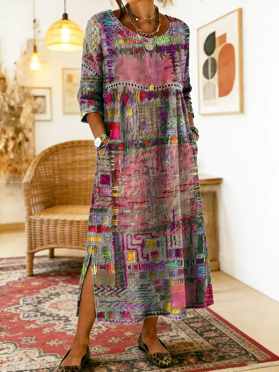 Manuela-kjole med etnisk patchwork-mønster