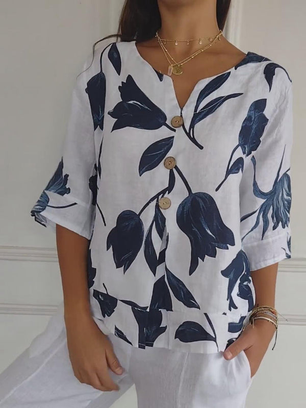 Despoina – Elegant Blomstret Top med Knapper
