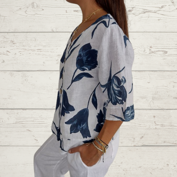 Despoina – Elegant Blomstret Top med Knapper