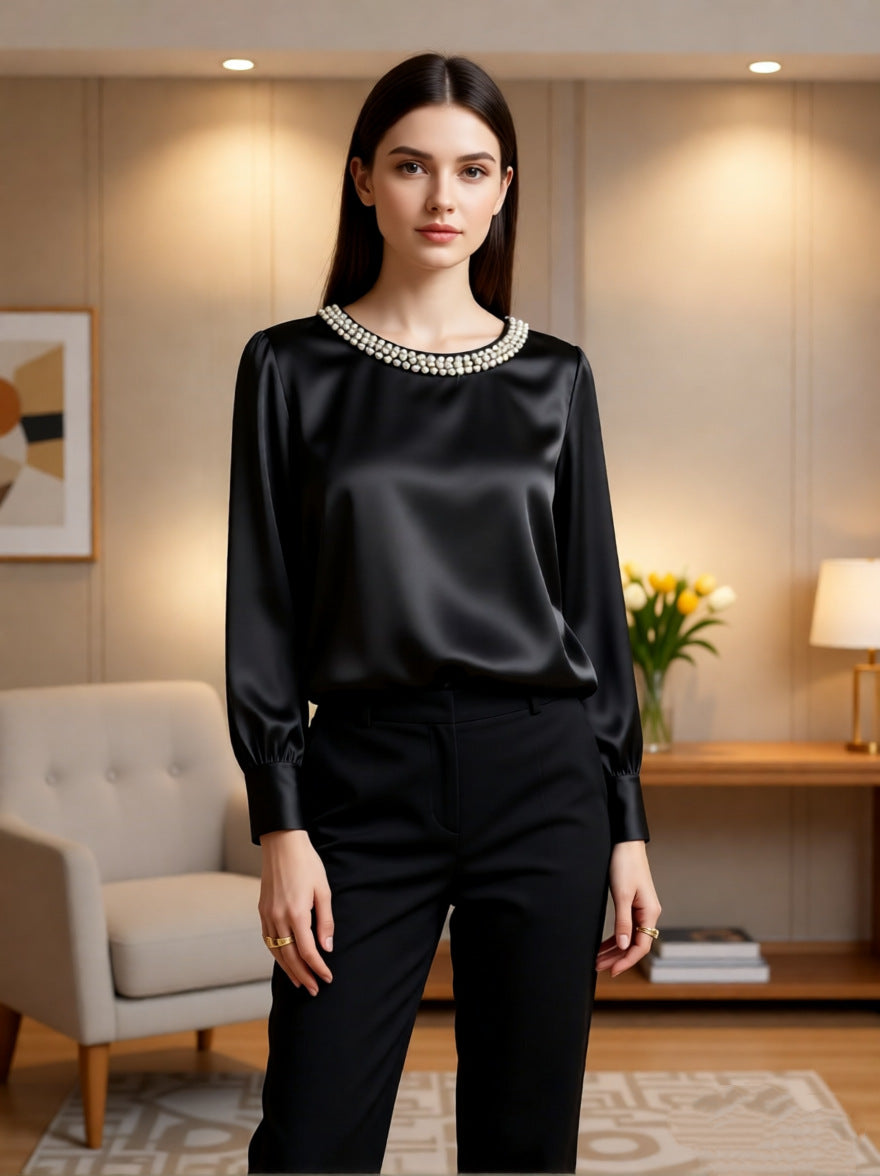 Aveline | Satinbluse med perlekant