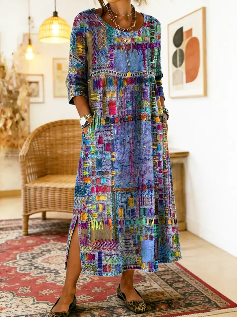 Manuela-kjole med etnisk patchwork-mønster