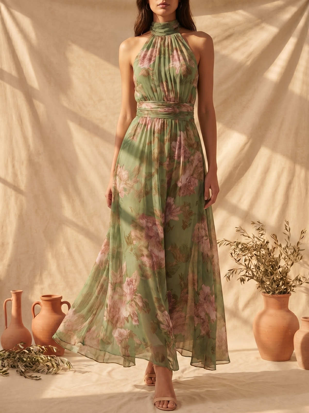 Livia | Elegant maxi-kjole med halterneck og blomstermønster